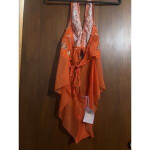 Savage X Fenty Sheer Mesh Sexy Lace Teddy Orange Embroidery Halter Floral 2XL